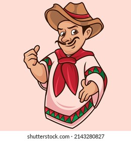 Happy mexican with sombrero hat thumbs up. in vector cute illustration style