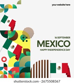 Feliz Dia da Independência do México fundo com geométrica moderna, e bandeira. Perfeito para comemoração Dia nacional, Cartão de saudação, faixa, cartaz e postagem de mídia social.