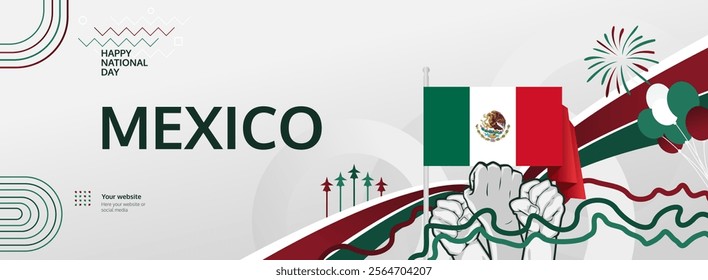 Happy Mexico Independence Day banner in modern style. Wide banner for website, social and more with typography. Illustration for national holiday celebration party