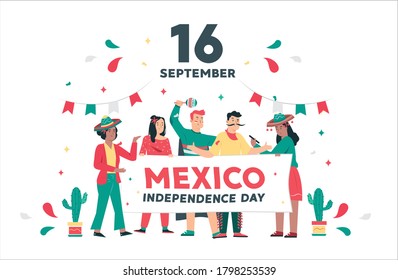 Happy Mexico independence day illustration background with quote text. Diverse groups of Mexicans in distinctive clothes celebrate with the party