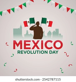 Happy Mexico Revolution Day Post. 20. November. Mexikanische Flagge. Viva la Revolución. Unabhängigkeit Mexikos. Feier, Grußpost, Social-Media-Post. Plakat, Postkarte, Feier, Vektorgrafik