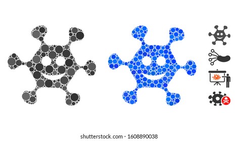 Happy microbe composition of filled circles in various sizes and color tones, based on happy microbe icon. Vector filled circles are united into blue composition.