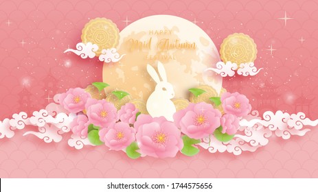 Happy Mid autumn with beautiful lotus, full moon and colorful lantern and moon cake. Paper cut style vector illustration. 