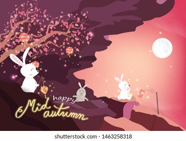 Happy Mid Autumn, cute rabbit cartoon and sakura tree with full moon on mountains, fantasy pink pastel concept, invitation poster, greeting game background vector
