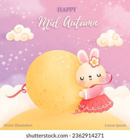 Happy Mid Autumn with cute rabbit. Vector illustration