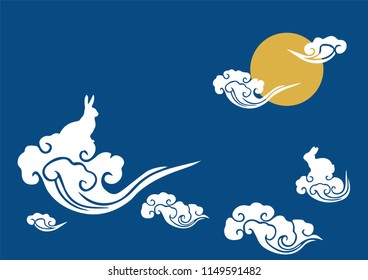Happy Mid Autumn Festival background with Moon in night sky and rabbit on cloud.
