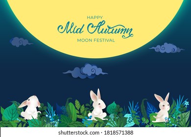 Happy Mid Autumn Festival. Banner with hares and full moon, hand drawn lettering. Card with rabbits, clouds, flowers, leaves, asian night landscape. Vector illustration