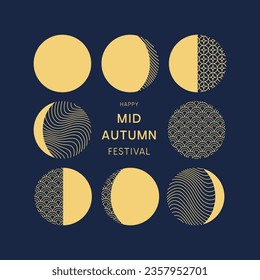 Happy Mid Autumn Festival. Banner with traditional chinese patterns, circles presenting full moon. Trendy modern design. Vector template for card, invitation, social media post, poster, mobile apps.