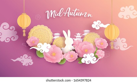 Happy Mid Autumn festival with beautiful lotus and bunny, full moon. Paper cut vector illustration.