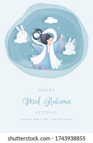 Happy Mid Autumn festival with beautiful lotus and bunny, full moon. Paper cut vector illustration.