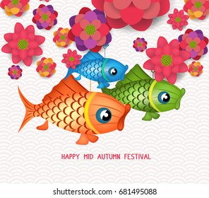 Happy mid autumn festival blooming flower and carp lantern design