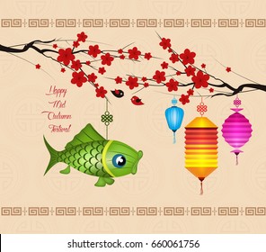 Happy mid autumn festival. Blossom background with carp lantern