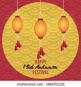 Happy mid autumn festival card with chinese paper lanterns and moon ,vector illustration graphic design.