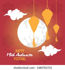 Happy mid autumn festival card with chinese paper lanterns and moon ,vector illustration graphic design.