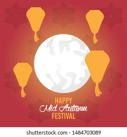 Happy mid autumn festival card with chinese paper lanterns and moon ,vector illustration graphic design.