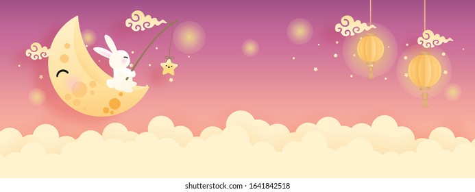 Happy Mid Autumn festival for card and banner with cute bunny and full moon, lantern. Vector illustration.