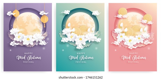 Happy Mid Autumn Festival Card Set With Beautiful Lotus Flower And Full Moon, Colorful Background. Paper Cut Vector Illustration. 