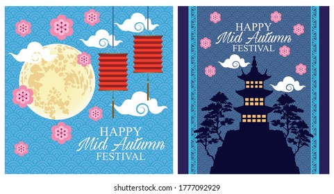 happy mid autumn festival card with lanterns hanging and moon with castle vector illustration design