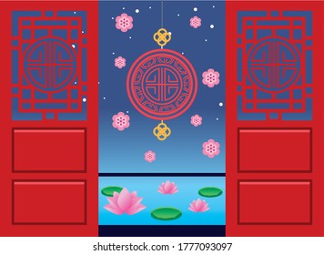 happy mid autumn festival card with seal hanging in doors vector illustration design