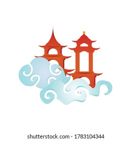 happy mid autumn festival card with castle and clouds vector illustration design