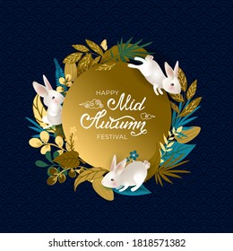 Happy Mid Autumn Festival. Card with cute white hares and full moon. Banner with rabbits, hand drawn lettering, flowers, golden fall leaves, asian pattern on blue background. Vector illustration.
