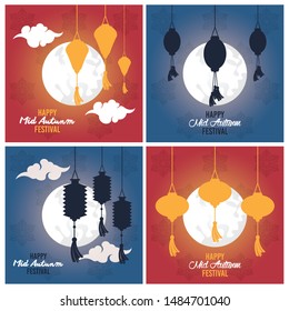 Happy mid autumn festival cards with paper lanterns and full moon set of posters vector illustration graphic design.