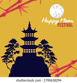 happy mid autumn festival with castle and trees vector illustration design