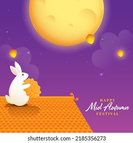 Happy Mid Autumn Festival Celebration Concept With Cartoon Bunny Holding Mooncake, Lit Lanterns And Full Moon On Purple Clouds Background.
