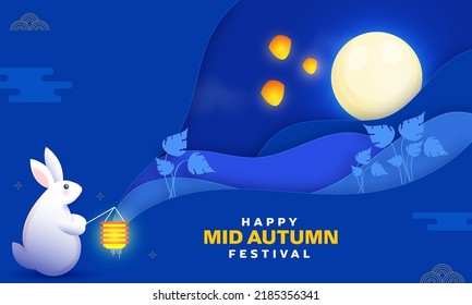 Happy Mid Autumn Festival Celebration Background With Full Moon, Cute Bunny Holding Illuminated Lantern.