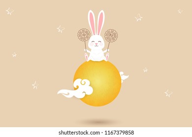 Happy Mid autumn festival. Chinese wording translation: Mid Autumn Festival. Chinese Mid Autumn Festival design with full yellow moon, moon rabbit, mooncake, stars, abstract elements. Vector.