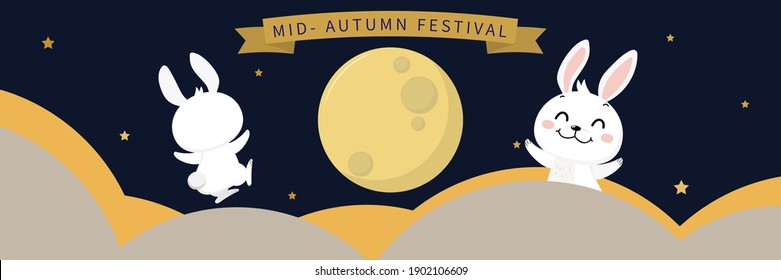 Happy mid autumn festival, Chuseok greeting card with cute rabbit and moon. Animal cartoon character vector.