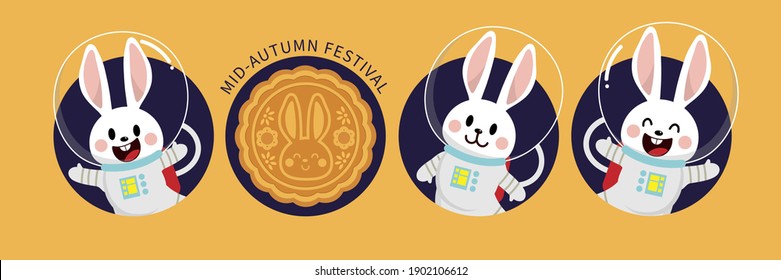 Happy mid autumn festival, Chuseok greeting card with cute rabbit wear astronaut dress, cake and moon. Animal cartoon character vector.