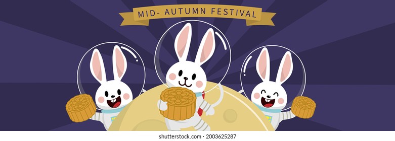 Happy mid autumn festival, Chuseok greeting card with cute rabbit wear astronaut dress, cake and moon. Animal cartoon character vector.