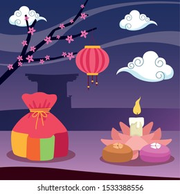 happy mid autumn festival colorful design with lucky bag and lotus candle over purple background, vector illustration