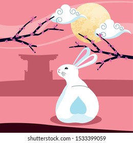 happy mid autumn festival colorful design with cute bunny icon over pink background, vector illustration