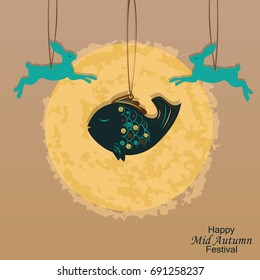 Happy Mid Autumn Festival concept for invitation, poster  design with Festival symbols, Moon cake, moon, fish, rabbit.  Vector illustration