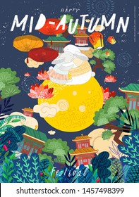 Happy  mid autumn festival! Cute vector illustration for poster, card or banner for chinese holiday. Drawings of rabbits, moon, trees, lanterns and clouds