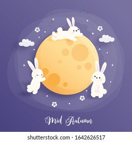 Happy Mid autumn festival with cute bunny and full moon. Vector illustration
