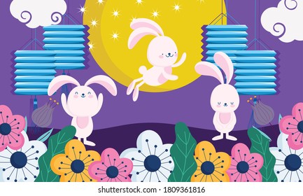 happy mid autumn festival, cute bunnies lanterns moon flowers cartoon traditional, blessings and happiness vector illustration