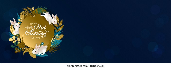 Happy Mid Autumn Festival. Cute white hares and full moon. Cover social network with rabbits, hand drawn lettering, flowers, golden fall leaves, asian pattern on blue background. Vector illustration