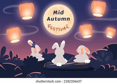 Happy Mid Autumn Festival. Cute rabbits looking at moon and Chinese lanterns. Greeting card with text for mooncake festival, Chinese, Korean, Asian  traditional holiday. Vector cartoon illustration	