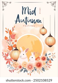 Happy Mid Autumn Festival with Cute Rabbit and Baked Mooncake