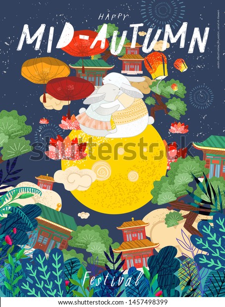 Happy  mid autumn festival! Cute\
vector illustration for poster, card or banner for chinese holiday.\
Drawings of rabbits, moon, trees, lanterns and\
clouds