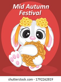 happy mid autumn festival day, rabbit eating moon cake vector illustration