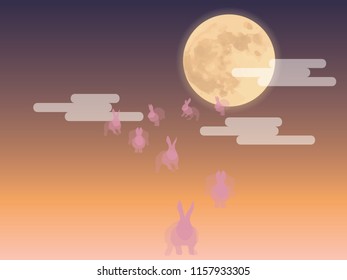 Happy Mid autumn festival design. moon festival. Rabbits on night background with beautiful full moon. bunny ran out of the moon.