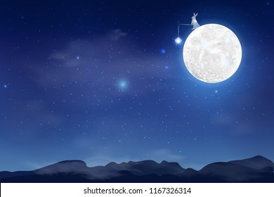 Happy Mid Autumn Festival design with full moon. Rabbits on night background with beautiful full moon. Vector illustration. template for greeting card, flyer, banner, invitation, congratulation. 