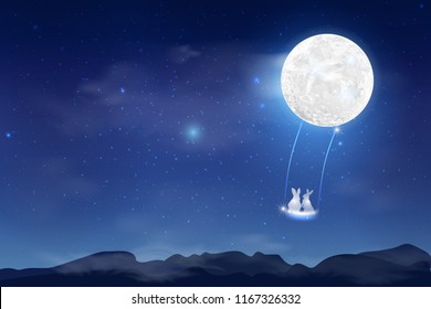 Happy Mid Autumn Festival design with full moon. Rabbits on night background with beautiful full moon. Vector illustration. template for greeting card, flyer, banner, invitation, congratulation. 