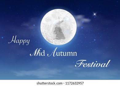 Happy Mid Autumn Festival design with full moon. Blue dark Night sky background with full moon, clouds and stars. Moonlight night. Vector illustration. Milkyway cosmos background.