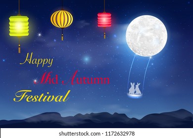 Happy Mid Autumn Festival design with full moon. Blue dark Night sky background with full moon, clouds and stars. Moonlight night. Vector illustration. Milkyway cosmos background.