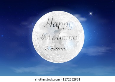 Happy Mid Autumn Festival design with full moon. Blue dark Night sky background with full moon, clouds and stars. Moonlight night. Vector illustration. Milkyway cosmos background.